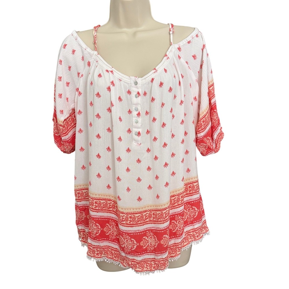 Skies Are Blue Womens Strappy Top XL Cold Shoulder Feminine Boho Festival Summer